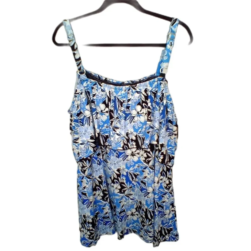 Fit 4 U  Women's Bathing Suit Swimdress Size 20W Tiered Floral Blue Black